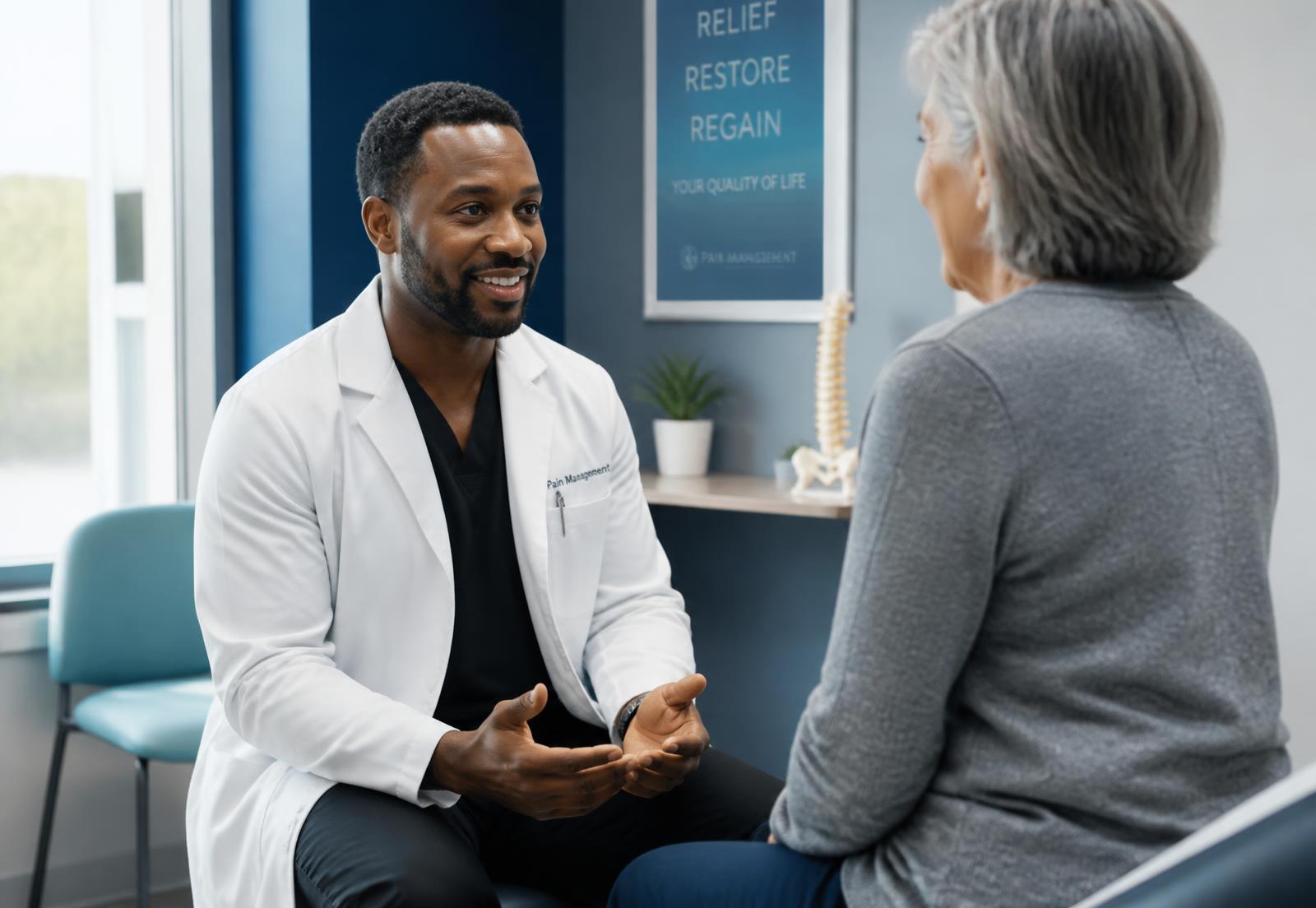 Dr. Tajudeen Soyoye consulting with a patient at All Pain Solution Clinic